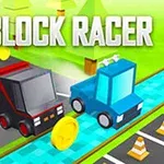 Kolorowe, kanciaste samochody na torze wyścigowym z monetami do zebrania na jasnozielonym tle