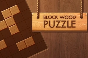 Drewniana tablica z napisem Block Wood Puzzle obok siatki z ułożonymi drewnianymi klockami na tle imitującym drewno