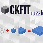 Grafika przedstawia nazwę BLOCKFIT puzzler oraz diagram pokazujący prostokątne klocki łączące się w większą strukturę