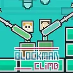 Postacie w stylu pikselowym wspinające się przy użyciu kilofów na turkusowym tle z napisami Glockman Climb