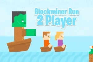 Postacie z pikselowym stylem płynące w łodziach na niebieskim tle z napisem Blockminer Run 2 Player
