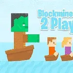Postacie z pikselowym stylem płynące w łodziach na niebieskim tle z napisem Blockminer Run 2 Player