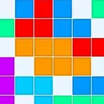 Kolorowe klocki ułożone na białym tle, tworzące kwadratowy wzór z różnorodnymi układami bloków w barwach fioletowej, czerwonej, pomarańczowej, zielonej i niebieskiej