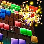 Kolorowe klocki ułożone na ciemnej siatce z postacią przypominającą lisa w prawym górnym rogu, otoczoną żółtymi gwiazdkami