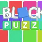 Kolorowy napis BLOCKS PUZZLE na tle kwadratów w różnych kolorach