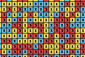 Kolorowy wzór składający się z kwadratów z liczbami 1, 2 i 3 na żółtym, niebieskim i czerwonym tle