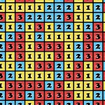 Kolorowy wzór składający się z kwadratów z liczbami 1, 2 i 3 na żółtym, niebieskim i czerwonym tle