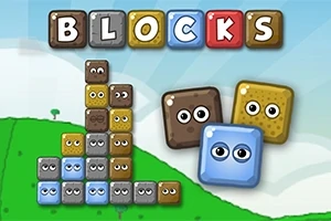 Kolorowe klocki o różnych wzorach i oczach układające się w stos na zielonym wzgórzu z napisem BLOCKS na górze