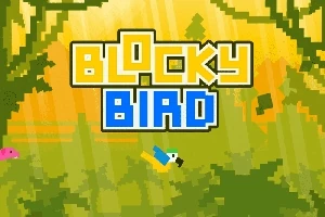 Pikselowy ptak na tle zielonych liści i żółtego nieba z tytułem Blocky Bird