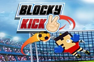 Postać w pikselowym stylu broniąca piłki przed bramką na tle stadionu z logo „Blocky Kick”