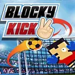 Postać w pikselowym stylu broniąca piłki przed bramką na tle stadionu z logo „Blocky Kick”