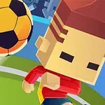 Postać o kwadratowej głowie w czerwonej koszulce biega po boisku z unoszącą się w powietrzu piłką nożną