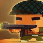 Postać w stylu kreskówkowym z karabinem i hełmem, stojąca na tle pomarańczowego nieba