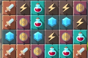 Siatka z kolorowymi ikonami mieczy, mikstur, kryształów i błyskawic na tle różnokolorowych kwadratów