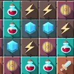 Siatka z kolorowymi ikonami mieczy, mikstur, kryształów i błyskawic na tle różnokolorowych kwadratów