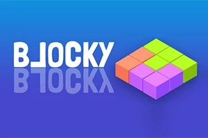 Napis B_LOCKY z kolorowymi klockami ułożonymi w kwadratowy wzór na niebieskim tle