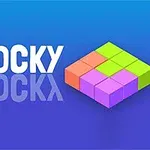 Napis B_LOCKY z kolorowymi klockami ułożonymi w kwadratowy wzór na niebieskim tle