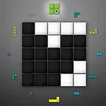Czarno-biała plansza z siatką 5x5 otoczona kolorowymi kształtami i blokami na szarym tle