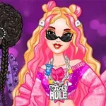 Dwie stylowo ubrane postacie z ciemnymi okularami na kolorowym tle, z napisem Girls Rule