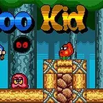 Postać w niebieskim stroju skacze nad różowymi i czerwonymi stworkami na tle leśnym z blokami kamiennymi, a na górze widnieje kolorowy napis