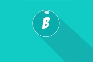 Turkusowe tło z białą literą B w okręgu z długim cieniem