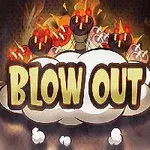 Napis Blow Out na tle chmury otoczonej płonącymi bombami i płomieniami