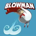 Postać w białym stroju z czerwoną peleryną i czapką lata na niebieskim tle z napisem „BLOWMAN”