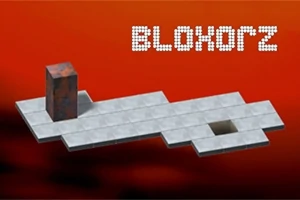 Czerwone tło z kamiennym bloczkiem na szarej platformie z otworem obok oraz napisem z pikseli