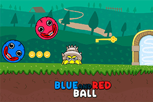 Zielony krajobraz z uśmiechniętymi czerwonymi i niebieskimi kulami, trzema złotymi monetami, kluczem i potworem w kolczastej czapce