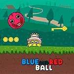 Zielony krajobraz z uśmiechniętymi czerwonymi i niebieskimi kulami, trzema złotymi monetami, kluczem i potworem w kolczastej czapce