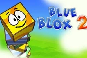 Żółty uśmiechnięty sześcian z dużymi oczami, obok napis Blue Blox 2 na tle nieba i zielonej trawy