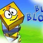 Żółty uśmiechnięty sześcian z dużymi oczami, obok napis Blue Blox 2 na tle nieba i zielonej trawy