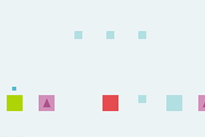 Kolorowe kwadraty i prostokąty na jasnym tle, w tym zielony, fioletowy z trójkątem, czerwony i niebieskie figury