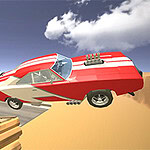 Czerwony samochód sportowy skacze z rampy obok policyjnego radiowozu na tle nieba z chmurami