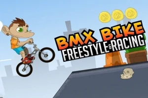 Postać na rowerze BMX wykonująca skok w powietrzu na tle miasta z monetami i czaszką na rampie, obok widoczny tytuł BMX Bike Freestyle & Racing