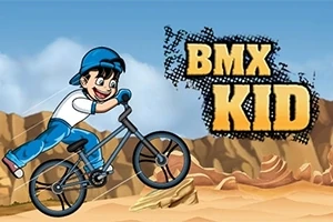 Chłopiec na rowerze BMX na tle pustynnego krajobrazu z niebieskim niebem i dużym napisem BMX Kid