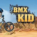 Chłopiec na rowerze BMX na tle pustynnego krajobrazu z niebieskim niebem i dużym napisem BMX Kid