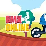 Postać na rowerze BMX w stylu kreskówkowym na tle krajobrazu z trawą, drzewem i chmurami, z napisem BMX ONLINE