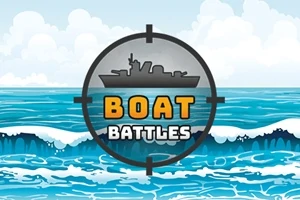 Ilustracja z siluetką statku w celowniku, napisy Boat Battles na tle morza z falami