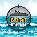 Ilustracja z siluetką statku w celowniku, napisy Boat Battles na tle morza z falami