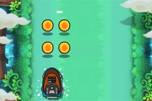 Łódź motorowa płynie po rzece otoczonej roślinnością, zbierając cztery monety ułożone w kwadrat