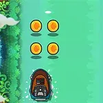 Łódź motorowa płynie po rzece otoczonej roślinnością, zbierając cztery monety ułożone w kwadrat