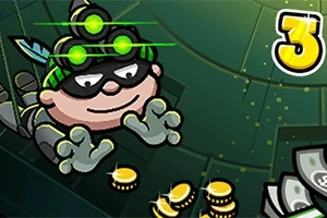 Postać w stroju złodzieja z noktowizorem zbierająca złote monety na zielonym tle z cyfrą 3 w rogu