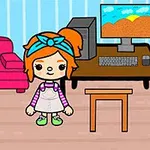 Dziewczynka z pomarańczowymi włosami i niebieską opaską stoi obok stołu z komputerem w pokoju z różową kanapą