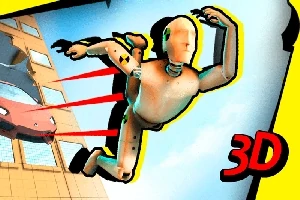 Manekin w locie z zaczerwienionymi prążkami, przemyka obok budynku z samochodem w tle oraz napisem 3D