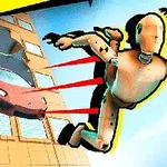 Manekin w locie z zaczerwienionymi prążkami, przemyka obok budynku z samochodem w tle oraz napisem 3D