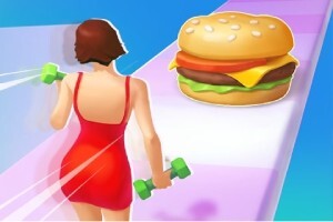 Kobieta w czerwonej sukience z hantlami biegnie w stronę dużego hamburgera na kolorowej ścieżce