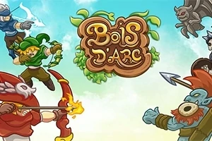 Postacie fantasy z łukami i bronią w dynamicznej pozie wokół roślinnego logo