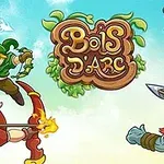 Postacie fantasy z łukami i bronią w dynamicznej pozie wokół roślinnego logo