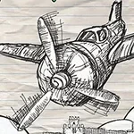 Czarno-biały szkic samolotu z dużym śmigłem na tle chmur i linii horyzontu z budynkami